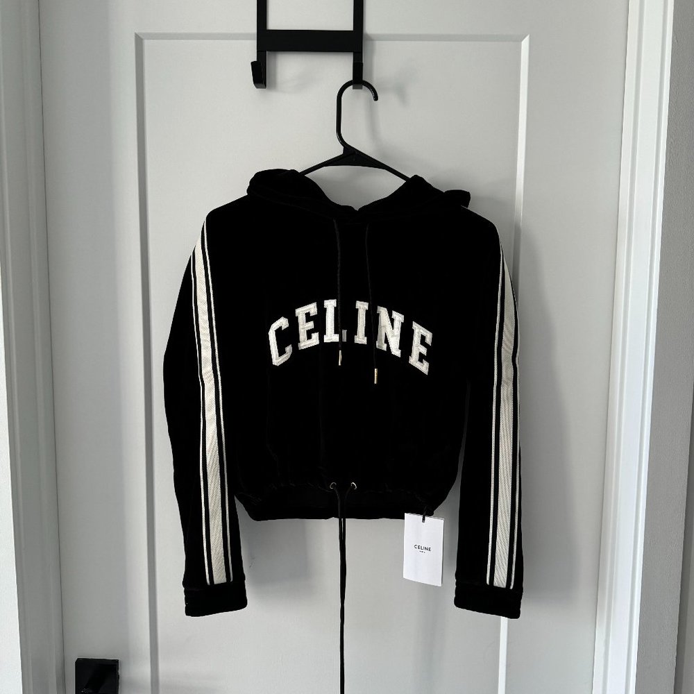 CELINE CROPPED HOODIE IN VELVET JERSEY BLACK / WHITE